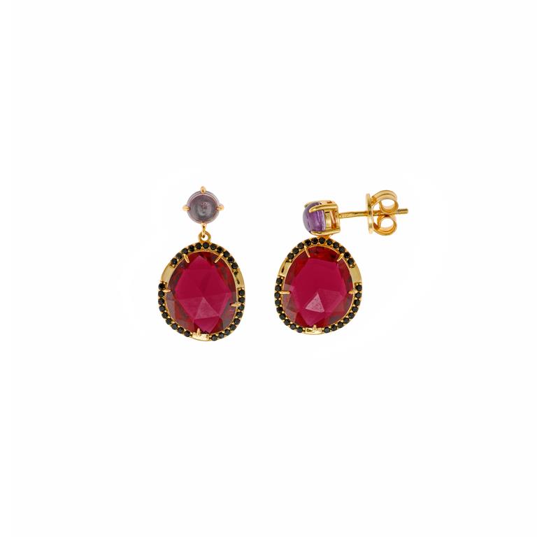 EARRING SILVER 925 GOLD PLATED - CABOCHON PURPLE OVAL