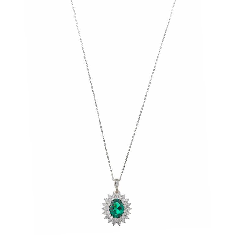 OVAL NANO GREEN AROUND CZ NECKLACE - SILVER RHODIUM