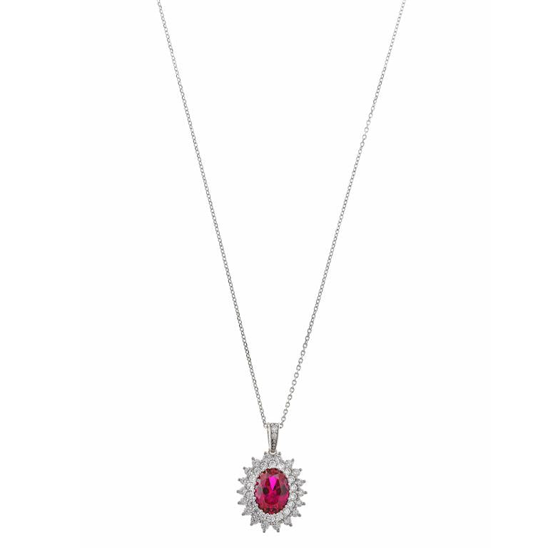 OVAL RUBY AROUND CUBIC ZIRCONIA NECKLACE - SILVER 925 RHODIUM